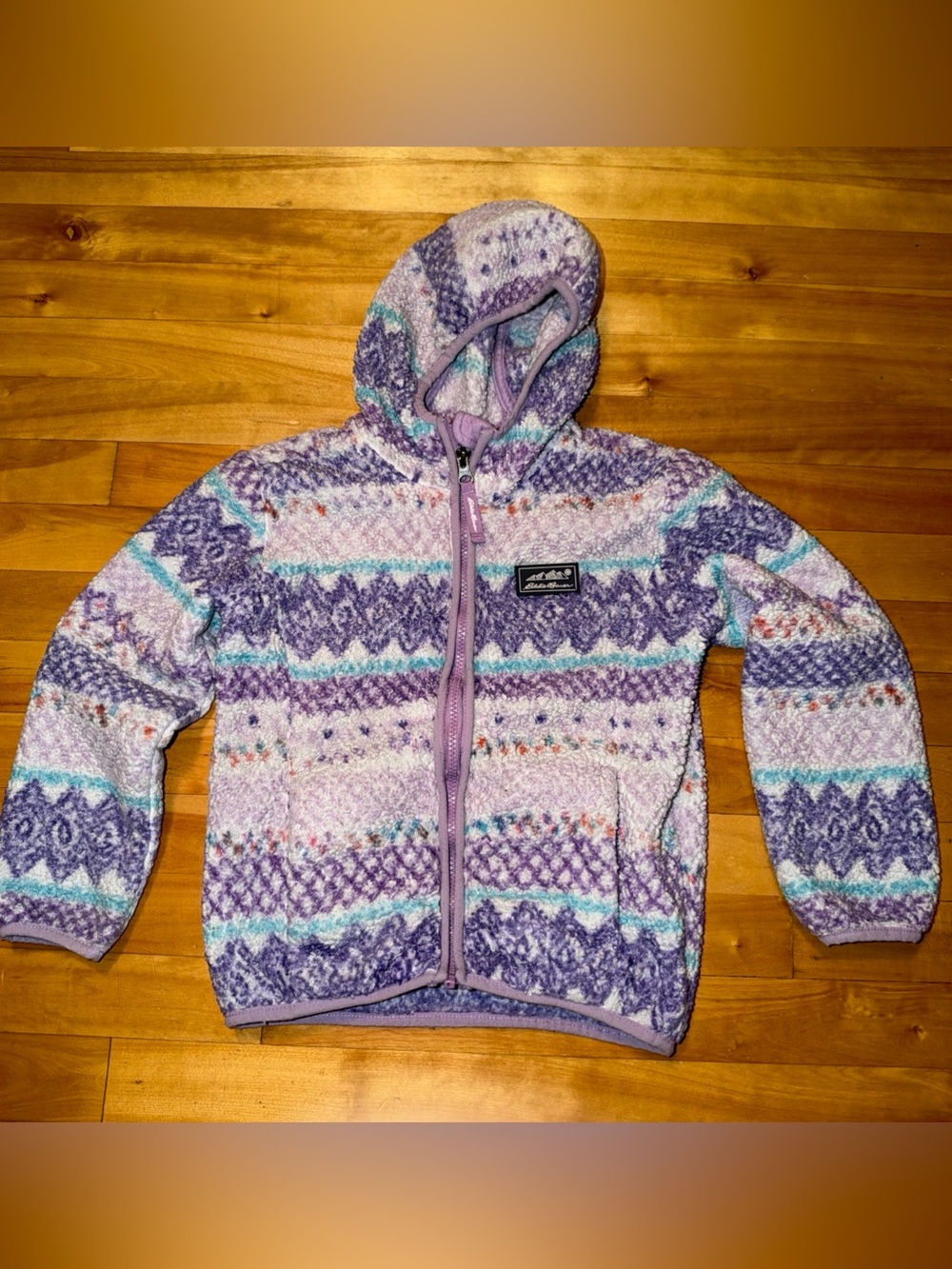 Eddie Bauer Girls 5/6 Sherpa Fleece Jacket Fair Isle Purple Hooded Full Zip